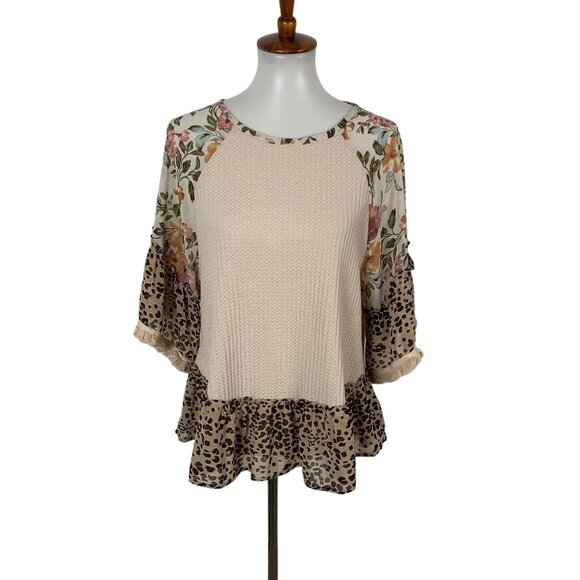 Umgee Tan Ruffle Top Small Short Sleeve Boho Festival Romantic Flowy - Picture 1 of 6